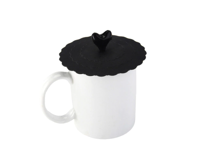 Black Cup cover with slot in handle for spoon or whatever. Cover